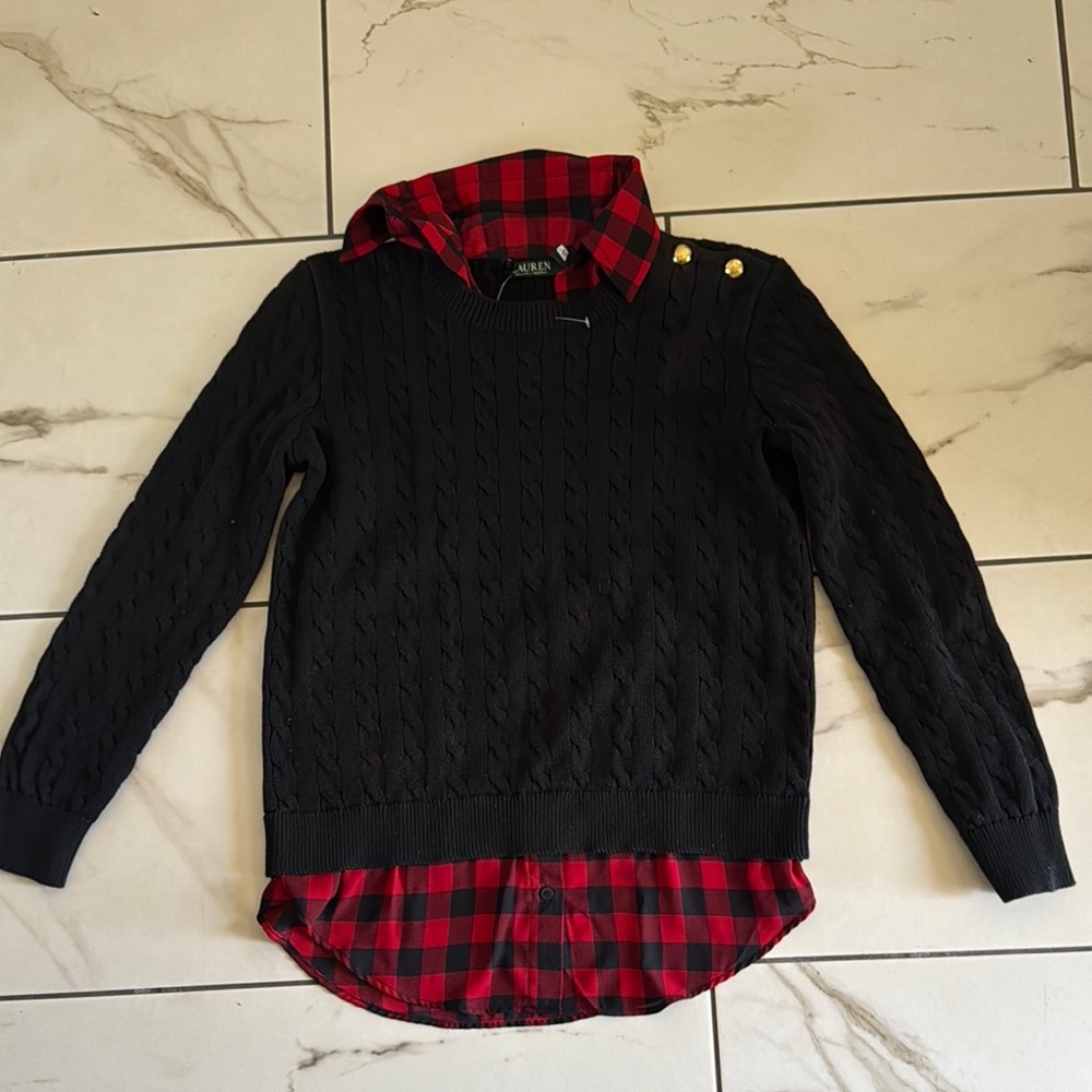 Black and Red Sweater with Plaid Shirt attached